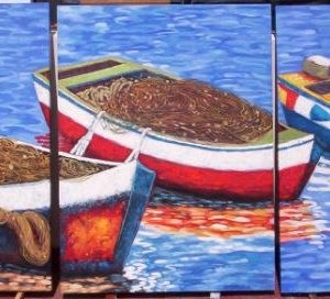 Large 3 oil painting boat scene