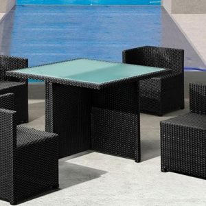 Rattan square table and chairs that can be stored under the table
