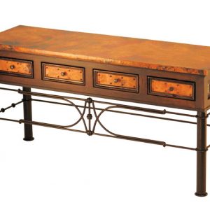 4 drawer console table with copper top and iron base